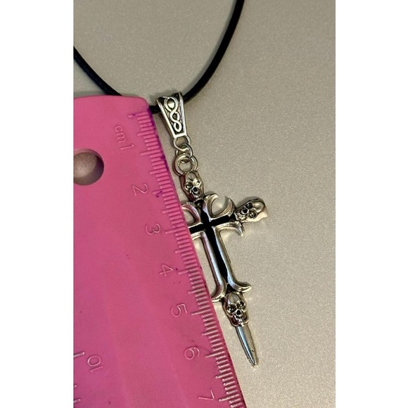 Goth Skull Cross Pendant Necklace Silver Unisex Gothic Punk Black Cord - Picture 10 of 11